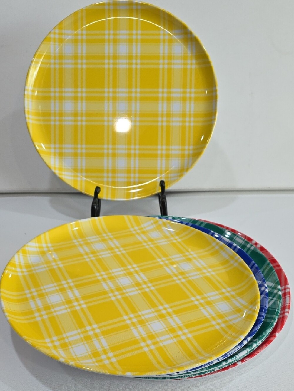 Yellow Plaid Melamine Dinner Plate - Set 6 of Colorful Patterned Plates